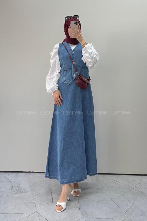 Lamelif Denim Yelek-Etek İkili Tesettür Takım Mavi
