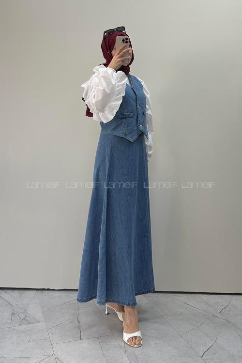 Lamelif Denim Yelek-Etek İkili Tesettür Takım Mavi