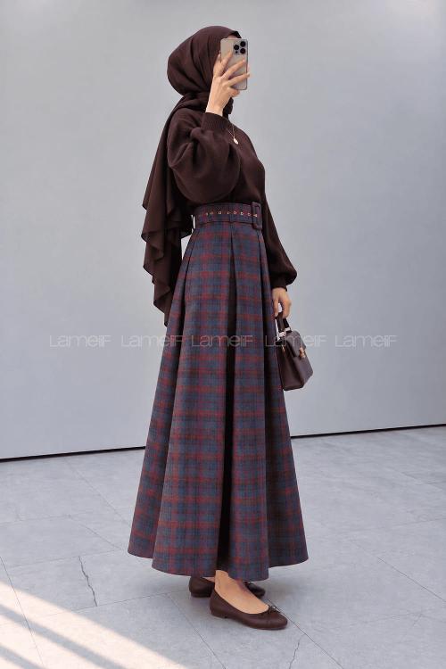 Lamelif Ekose Desen Kemerli Etek Bordo