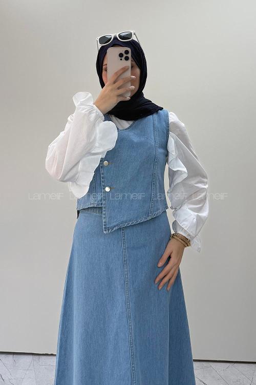 Lamelif Kruvaze Kapama Kot Etekli Takım Açık Mavi