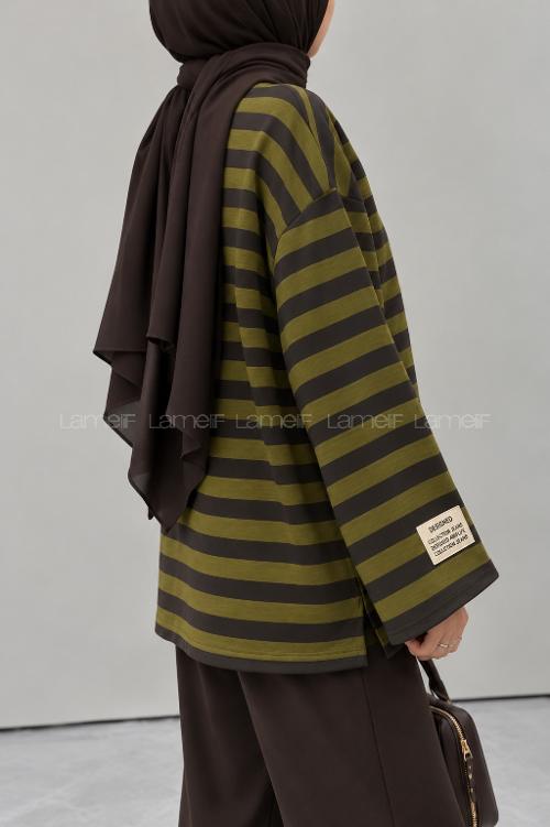 Lamelif Arma Detaylı Çizgili Basic Sweat Yeşil Kahverengi