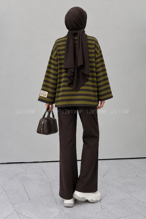 Lamelif Arma Detaylı Çizgili Basic Sweat Yeşil Kahverengi
