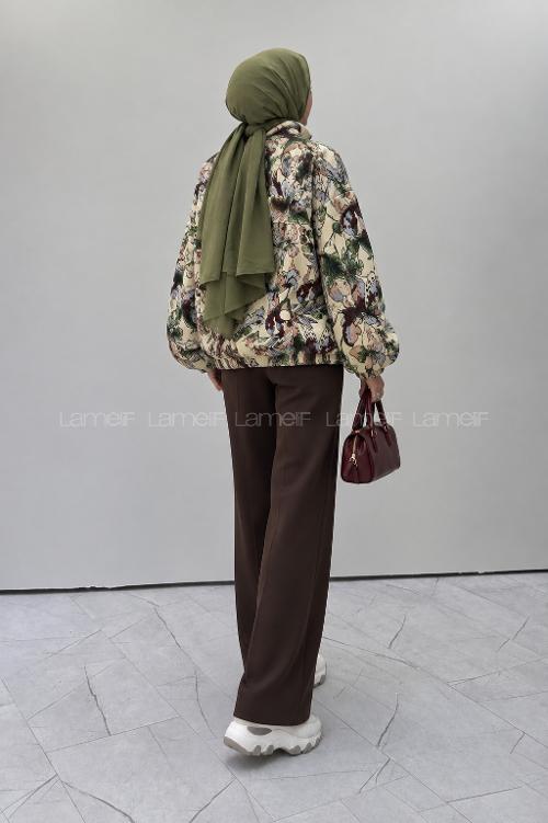 Lamelif Çiçek Nakışlı Kapitone Mont Vizonrengi
