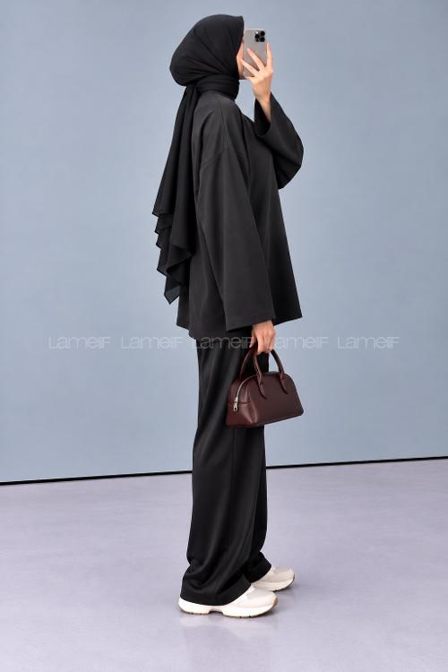 Lamelif Oversize Basic Sweatshirt Siyah