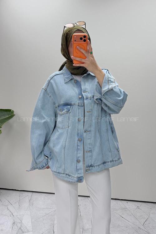 Lamelif Çift Cepli Oversize Ceket Buz Mavi