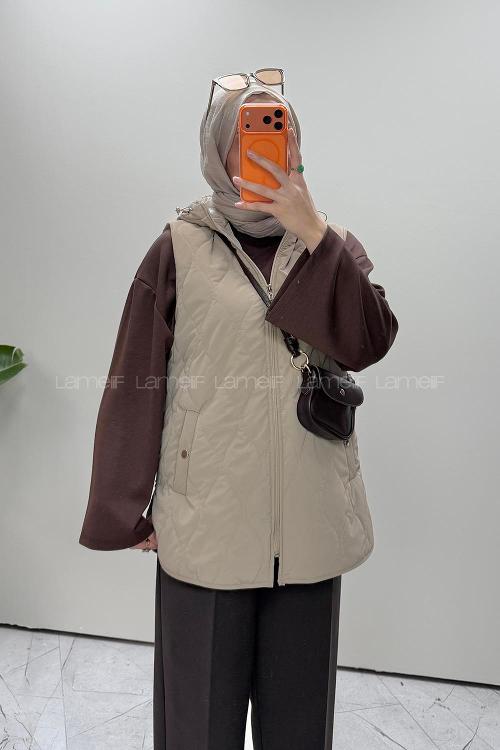 Mink Hood Neck Sleeveless Arm With Zipper Unprinted Vest
