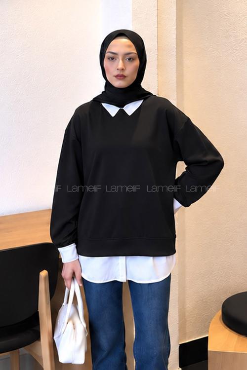 Lamelif Sweat Gömlek Garnili Tunik Siyah