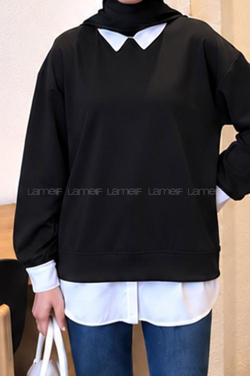 Lamelif Sweat Gömlek Garnili Tunik Siyah