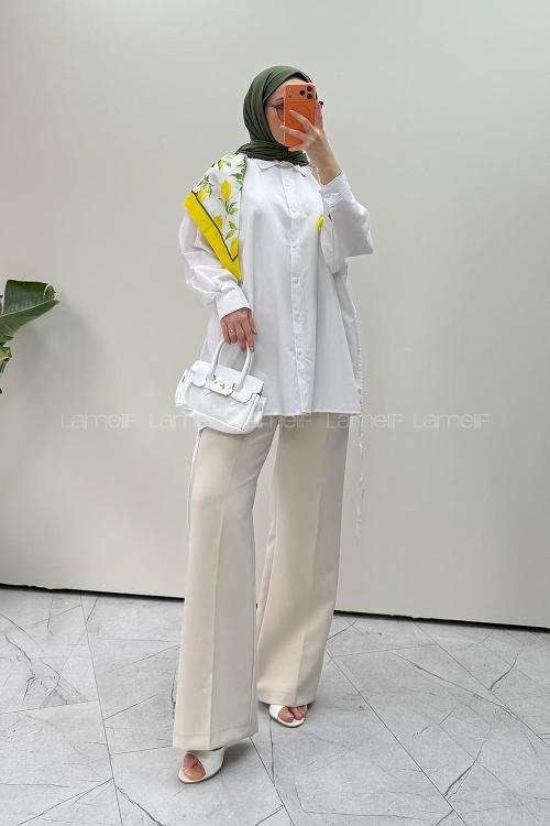 Lamelif Yanları İp Büzgülü Oversize Gömlek Beyaz