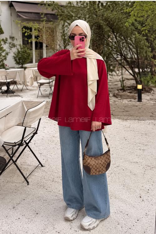 Lamelif Bisiklet Yaka Basic Bluz Kırmızı