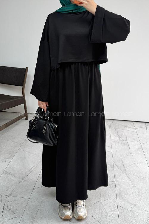 Black Crew Neck Bat Sleeve Arm Without Accessories Pleated Suit
