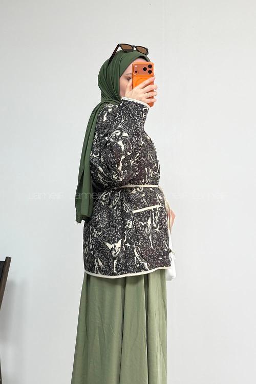 Lamelif Etnik Desen Çıt Çıtlı Ceket Acı Kahve