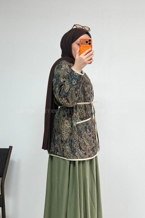 Lamelif Etnik Desen Çıt Çıtlı Ceket Kahve