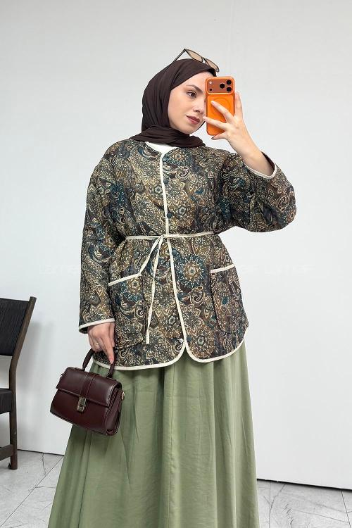 Lamelif Etnik Desen Çıt Çıtlı Ceket Kahve