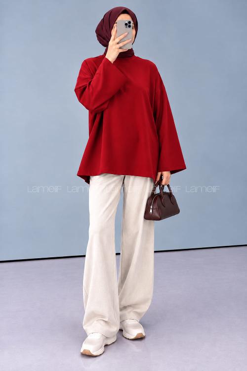 Lamelif Oversize Basic Sweatshirt Kırmızı