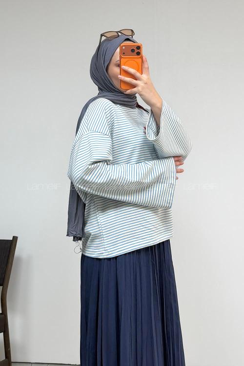 Lamelif Yazı Nakışlı Çizgili Pinterest Sweatshirt Mavi