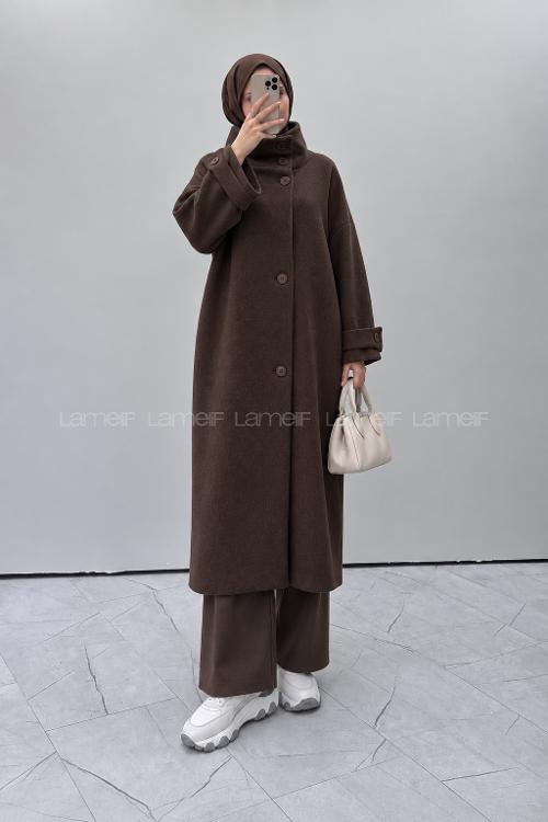 Lamelif Dik Yaka Oversize Kaşe Kaban Acı Kahve