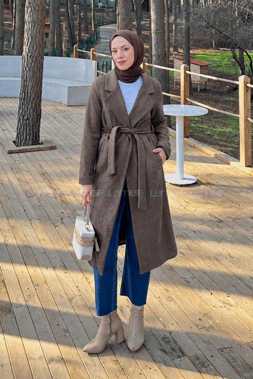 Lamelif Kuşak Bağlama Detaylı Kaşe Kaban Kahve