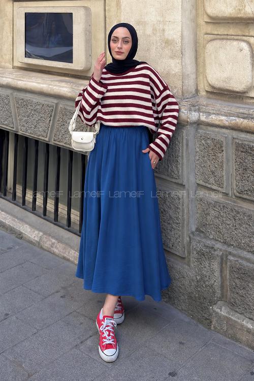 Lamelif Oversize Çizgili Triko Kazak Bordo