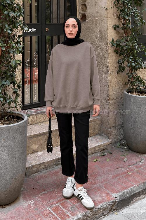 Lamelif Oversize Sweatshirt Vizonrengi