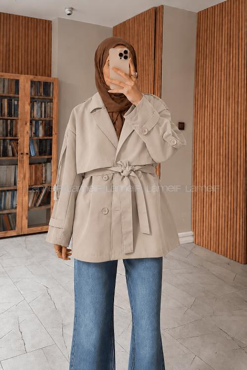 Lamelif Pelerinli Kısa Trençkot Taş Rengi