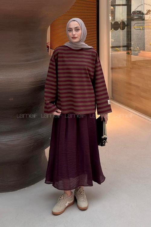 Lamelif Arma Detaylı Çizgili Basic Sweat Kahverengi Bordo