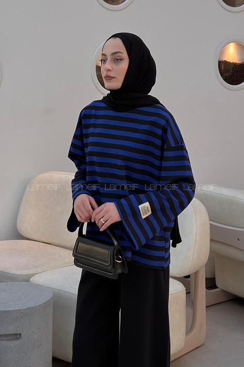 Lamelif Arma Detaylı Çizgili Basic Sweat Mor Siyah