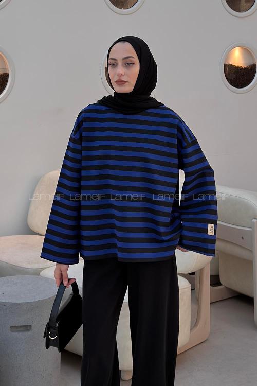 Lamelif Arma Detaylı Çizgili Basic Sweat Mor Siyah