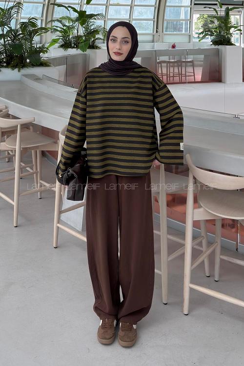 Lamelif Arma Detaylı Çizgili Basic Sweat Yeşil Kahverengi