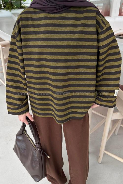 Lamelif Arma Detaylı Çizgili Basic Sweat Yeşil Kahverengi