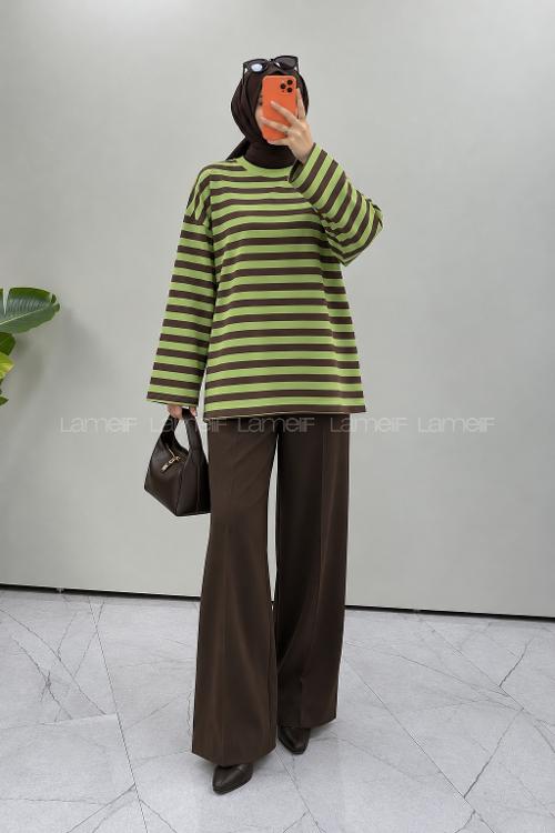 Lamelif Bisiklet Yaka Çizgili Basic Tunik Haki