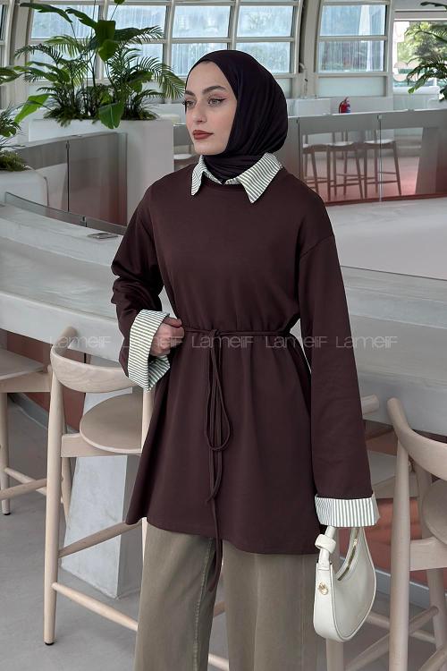 Lamelif Garnili Bel Bağlama Detaylı Tunik Kahverengi
