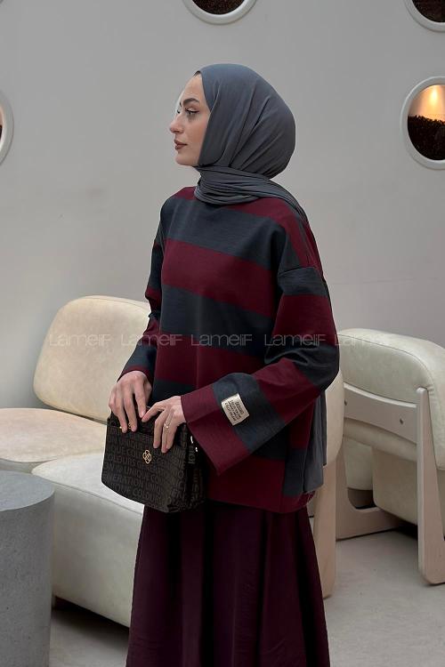 Lamelif Kol Armalı Sweatshırt Bordo Gri