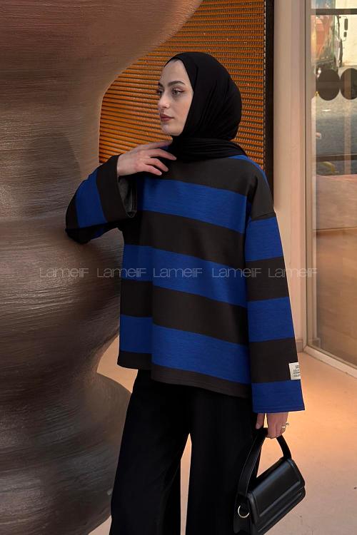 Lamelif Kol Armalı Sweatshirt Mavi-Kahverengi