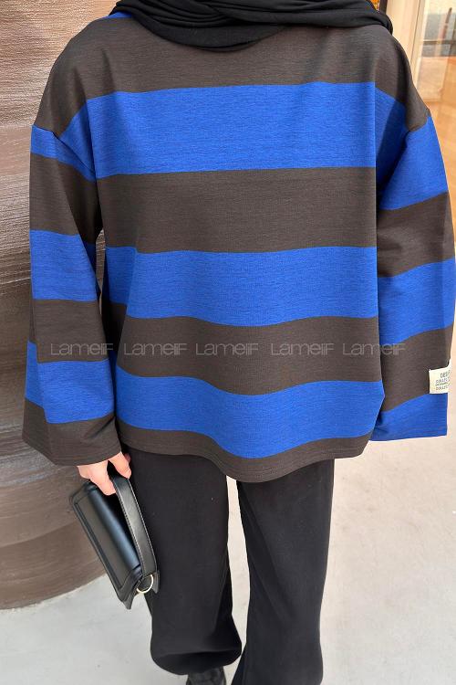 Lamelif Kol Armalı Sweatshirt Mavi-Kahverengi