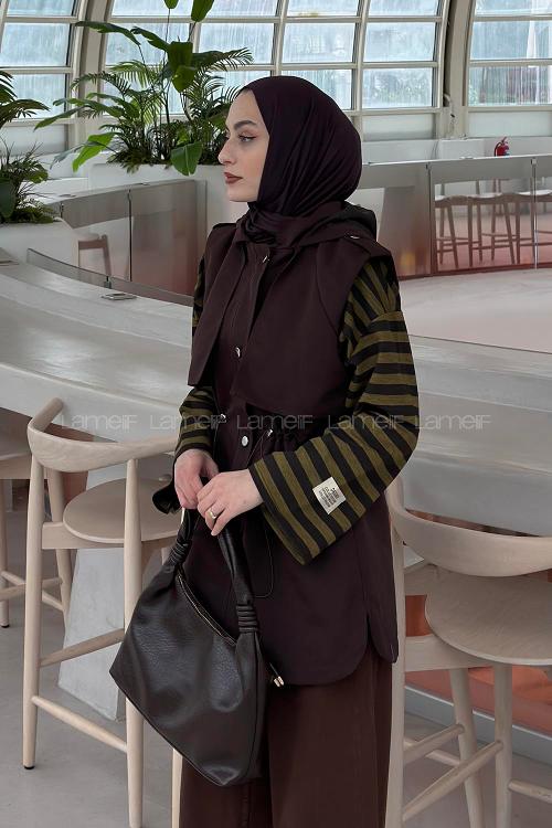 Lamelif Pelerin Detaylı Trenç Yelek Acı Kahve
