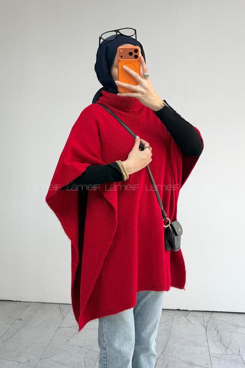 Lamelif Boğazlı Triko Panço Kırmızı