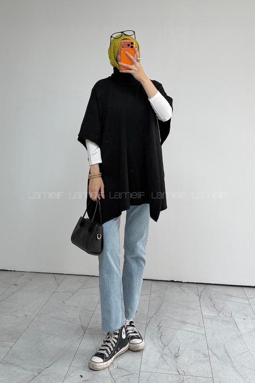 Lamelif Boğazlı Triko Panço Siyah