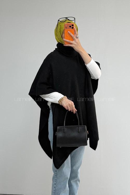 Lamelif Boğazlı Triko Panço Siyah