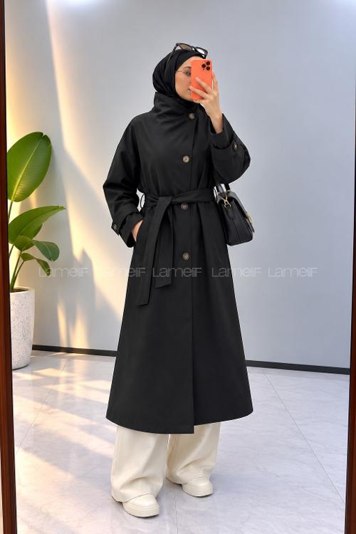 Lamelif Dik Yaka Oversize Trenç Siyah