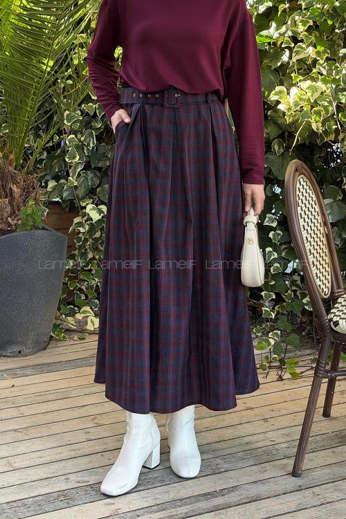 Lamelif Ekose Desen Kemerli Etek Bordo