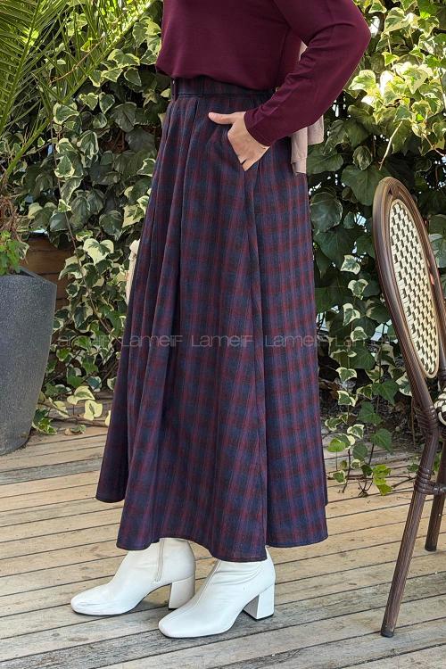 Lamelif Ekose Desen Kemerli Etek Bordo