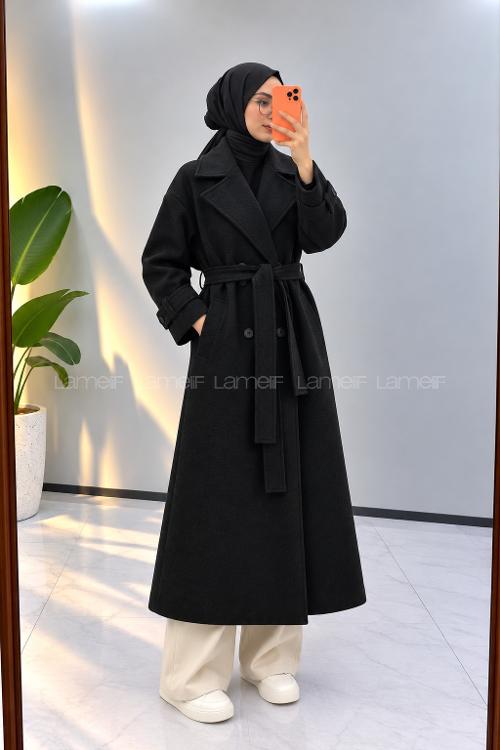 Lamelif Kruvaze Yaka Kemerli Kaban Siyah