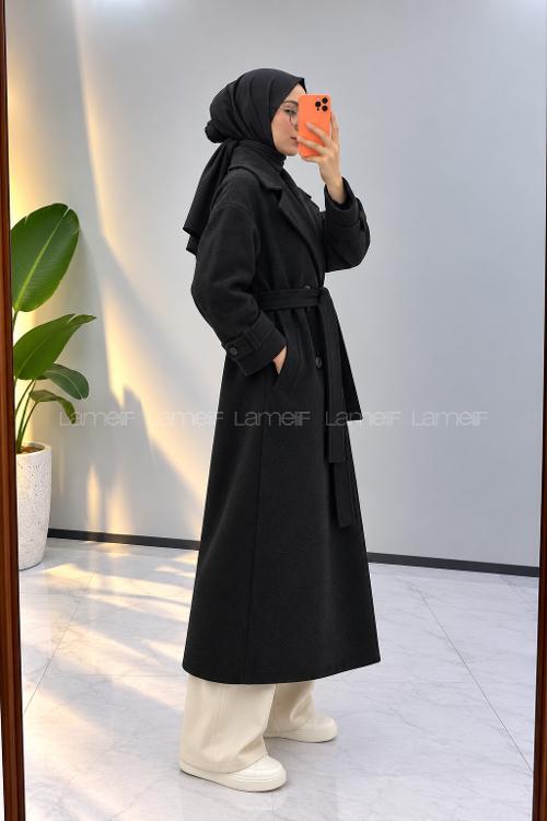 Lamelif Kruvaze Yaka Kemerli Kaban Siyah