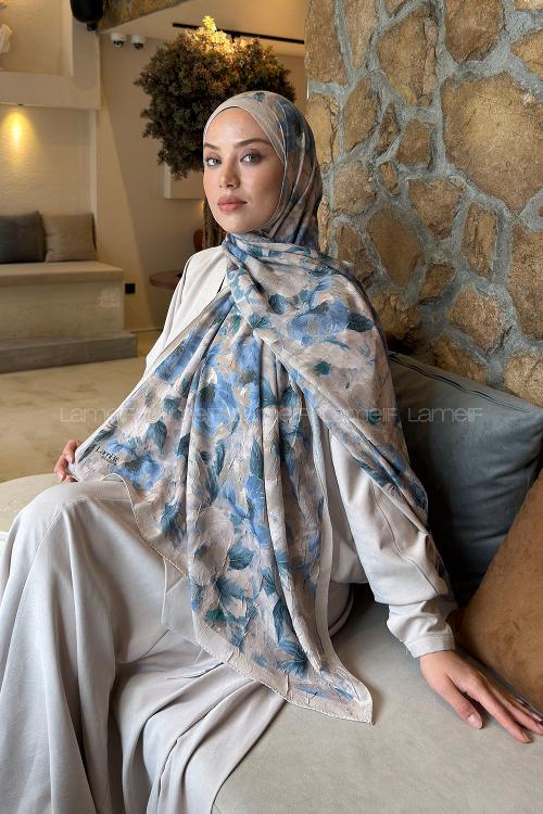 Lamelif Lotus Desen Bambu Şal Bej Mavi