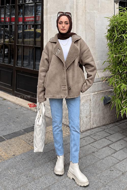 Lamelif Süet Düğmeli Mont Kahve