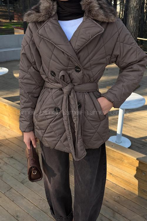 Lamelif Kürk Yaka Bağlama Detaylı Mont Acı Kahve