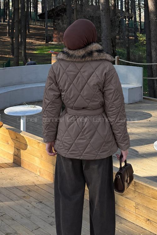 Lamelif Kürk Yaka Bağlama Detaylı Mont Acı Kahve