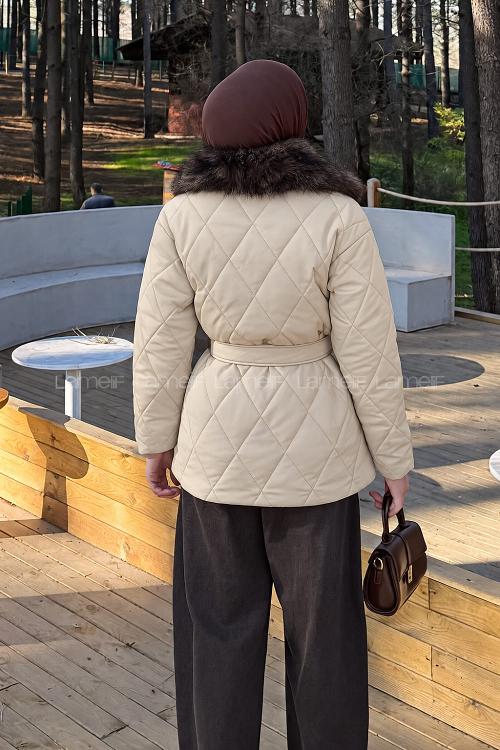 Lamelif Kürk Yaka Bağlama Detaylı Mont Taş Rengi