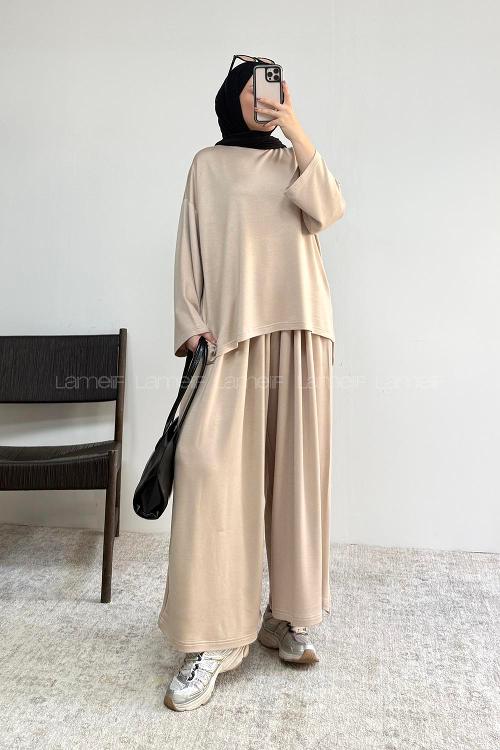 Lamelif Bisiklet Yaka Basic İkili Takım Bej